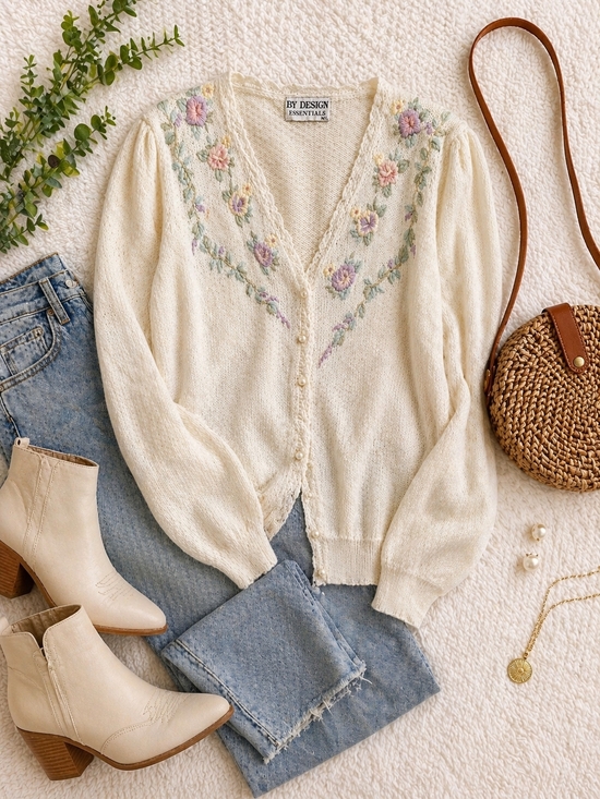 Sweaters - By Design Floral Embroidered Cardigan M/L Cottagecore